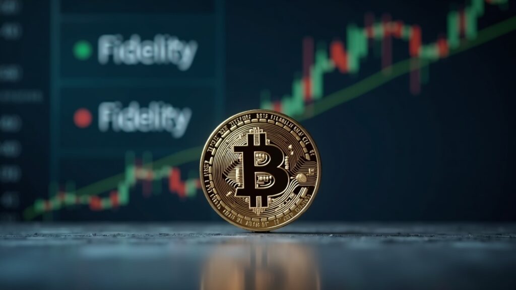 Escritorio financiero fotorrealista con el símbolo de Bitcoin en el centro, un gráfico de precios que muestra un mínimo de 2026 y una sutil presencia de la marca Fidelity en una sala de redacción moderna.