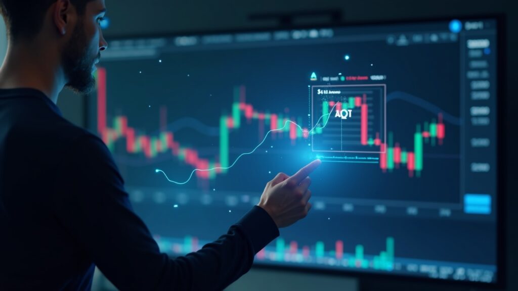 Fotorealista, plano central: un trader analiza un gráfico holográfico del canal de precio bajista de Filecoin en una sala de redacción.