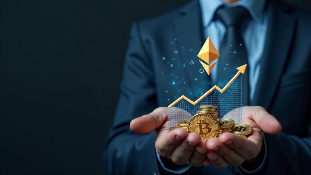 Entradas en ETPs de Activos Digitales Alcanzan 716 Millones Lideradas por Bitcoin y Ethereum Encabezado fotorrealista de un profesional enfocado analizando el ascenso de Bitcoin, Ethereum y XRP.