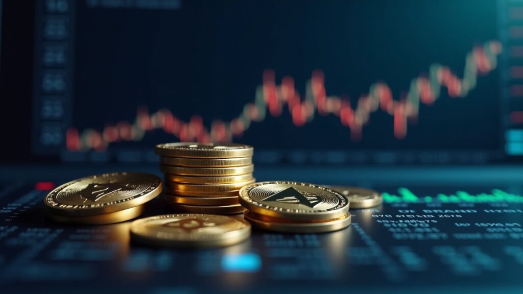 Escena fotorrealista del mercado cripto con BTC, ETH y XRP sobre un panel de control y una previsión de recorte de tasas.