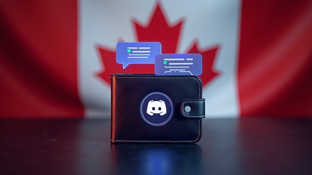 Canadiense Enfrenta Cargos por Orquestar Esquema de Fraude de 42 Millones en Discord Billetera cripto fotorrealista junto a burbujas de chat de Discord, con una bandera canadiense, señalando riesgo de fraude en los mercados cripto.