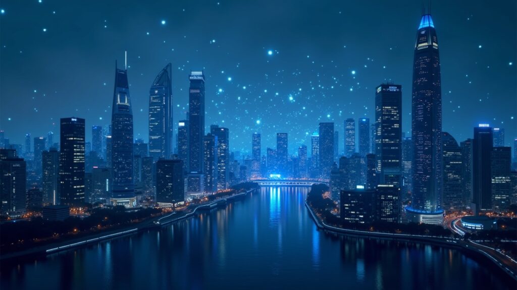 Paisaje urbano futurista con flujos de datos brillantes e iconos de rollups, simbolizando un Ethereum escalable y seguro.