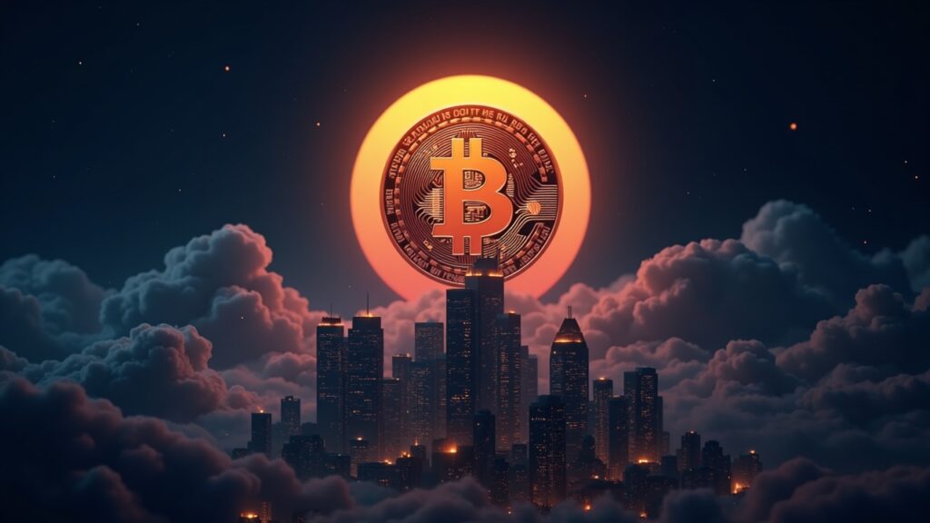 Glifo fotorealista de Bitcoin elevándose sobre una ciudad futurista con gráficos y líneas de red, en una sala de redacción cripto profesional.