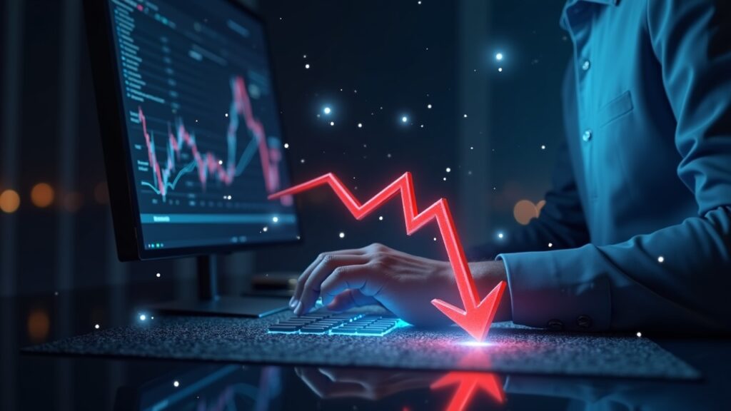 Analista fotorrealista en un escritorio con una red holográfica de Chainlink, el ticker GLNK, un resplandor de NYSE Arca y una flecha roja hacia abajo.