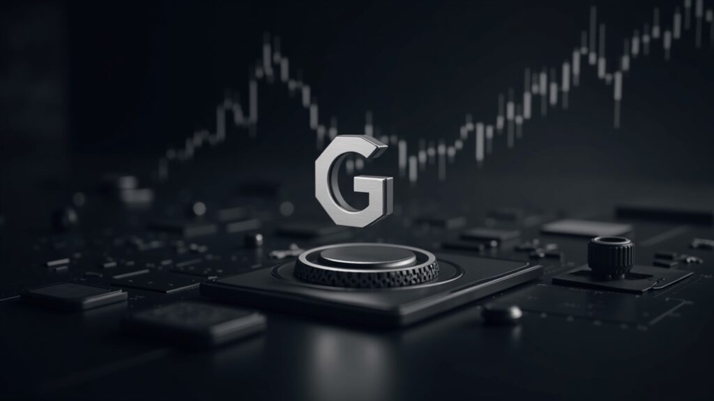 Sala de redacción fintech fotorrealista con el logotipo de Chainlink fusionándose con una gráfica ascendente y la marca GLNK, sugiriendo rendimiento por staking.