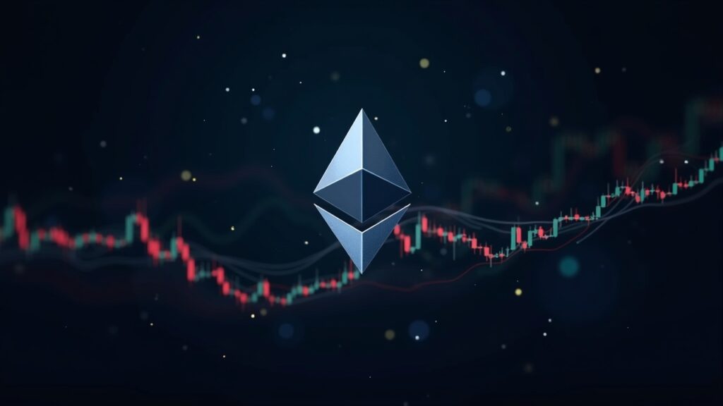 Ethereum cae 42% desde su máximo histórico: ¿Dónde tocará fondo el precio de ETH? Logotipo fotorrealista de Ethereum centrado sobre un gráfico de precios dinámico con un fondo de 2800–2900 y zonas de demanda resaltadas.