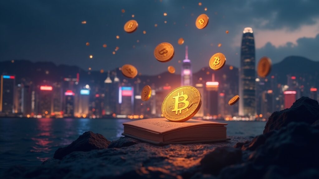 Horizonte fotorrealista de Hong Kong con el logotipo de HashKey, libro de órdenes de la OPI resplandeciente y tokens criptográficos flotando.