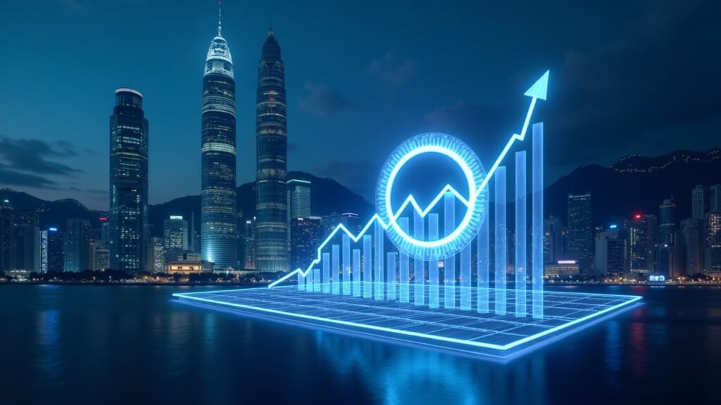 Encabezado fotorrealista de un centro de intercambio de criptomonedas en Hong Kong con torres de cristal, logotipo central de HashKey y un gráfico ascendente de OPI.