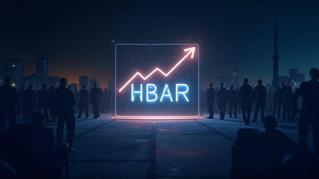 Logotipo brillante de Hedera HBAR centrado, con un gráfico ascendente estilo ETF y siluetas de inversores institucionales.