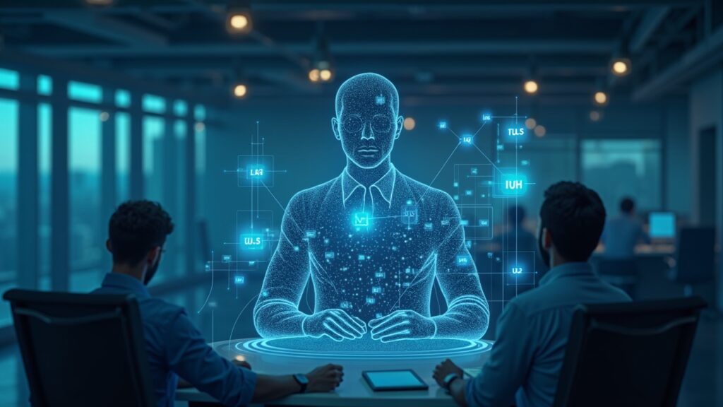 Ballenas de Hedera Adquieren 3.400 Millones de HBAR Desafiando la Tendencia Bajista Actual Escena fotorealista de una sala de prensa con una figura central, la red Hedera holográfica y símbolos HBAR en ascenso