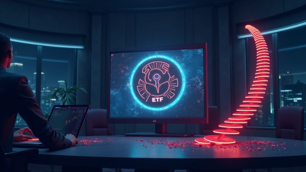 El precio de HBAR cae a $0,111 tras desplome de demanda de ETF de Hedera Sala de redacción futurista: glifo de Hedera, colapso de entradas del ETF y una espiral roja de precios por debajo de $0.10 que señala riesgo de liquidez.