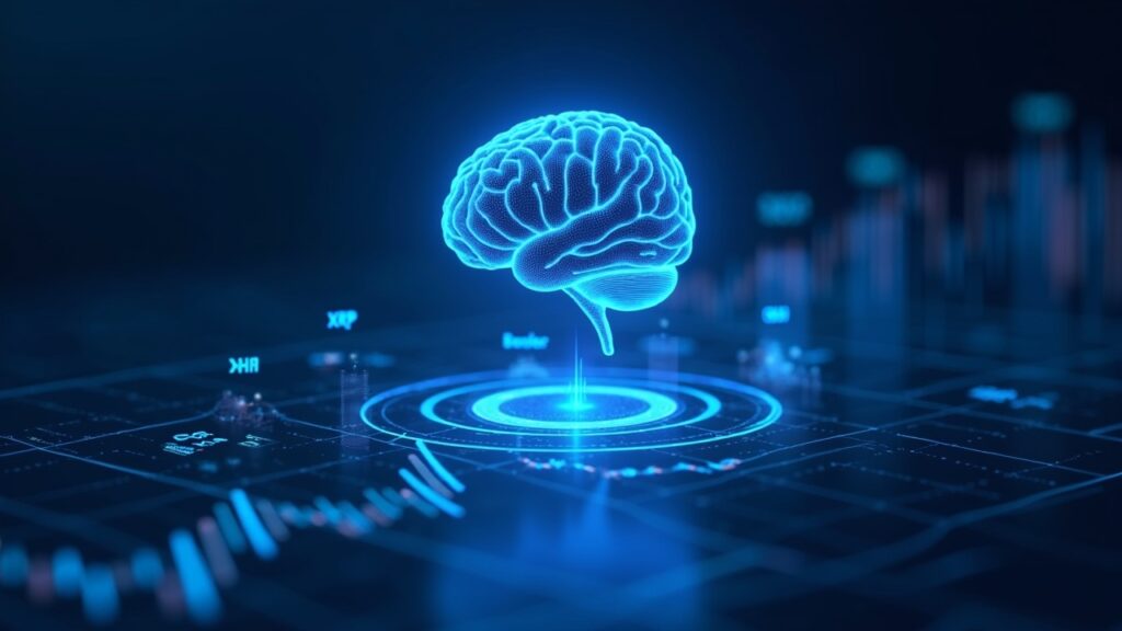 Cerebro IA fotorrealista sobre un panel holográfico que muestra bandas de precios de SOL, XRP y SUI con un resplandor azul alcista vs bajista.