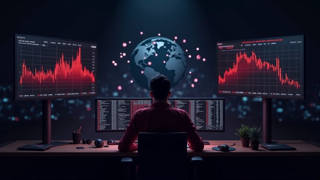 Mesa de trading de criptomonedas realista con iconos de tokens de IA cayendo, mapa de calor y un analista cauteloso en medio de riesgo de liquidez y geopolítico.