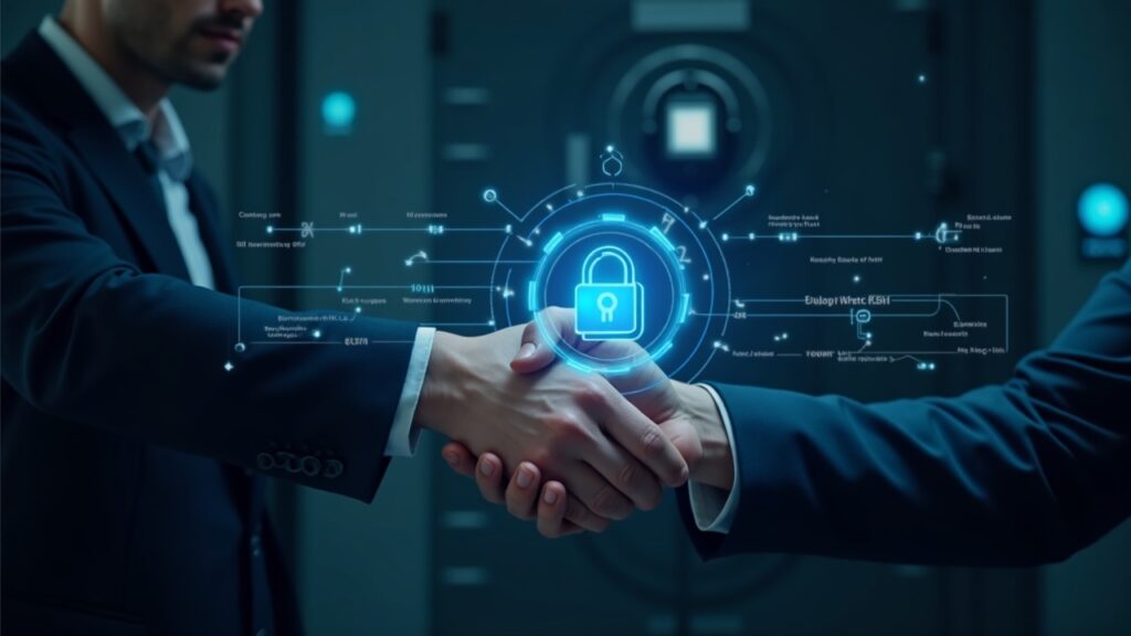 Standard Chartered y Coinbase unen fuerzas para expandir servicios prime cripto institucionales Banquero con traje estrecha la mano junto a un reluciente panel cripto holográfico cerca de una bóveda segura y nodos de cadena de bloques.