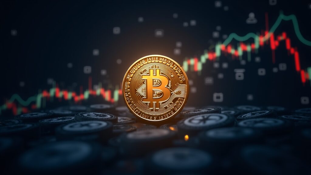 Bitcoin fotorrealista en el centro con un gráfico ascendente, símbolos de tesorería, una bóveda y código que fluye.