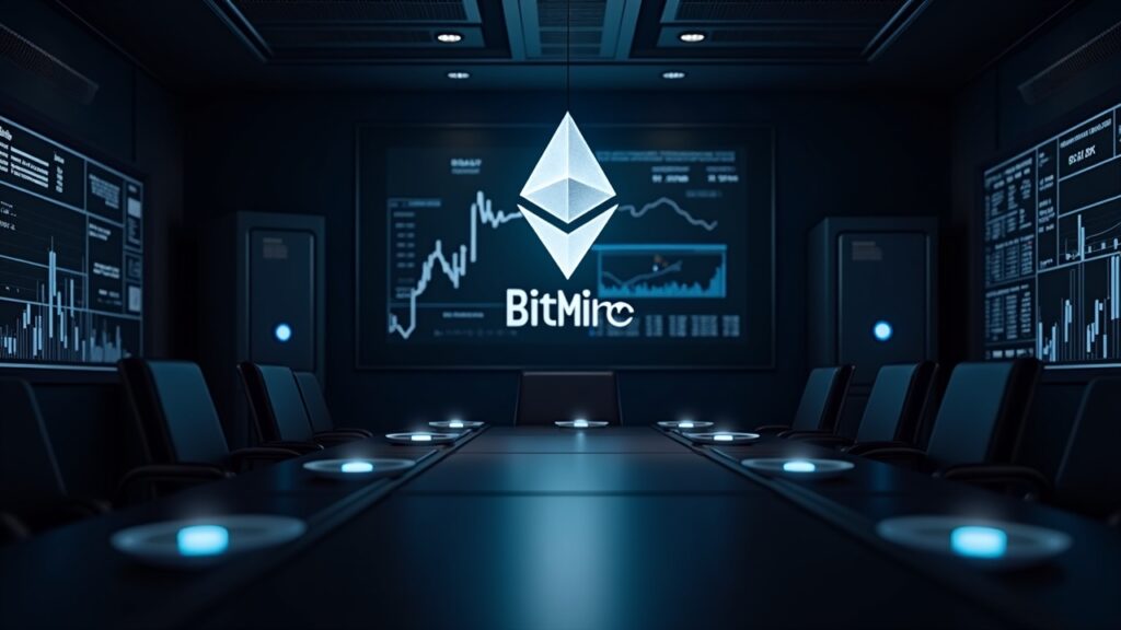 Bitmine apuesta 1.200 millones en ETH impulsando confianza institucional ante posible ruptura Sala de juntas fotorrealista con logos de ETH y Bitmine, nodos de staking brillantes, bóvedas y gráficos de precios en ascenso