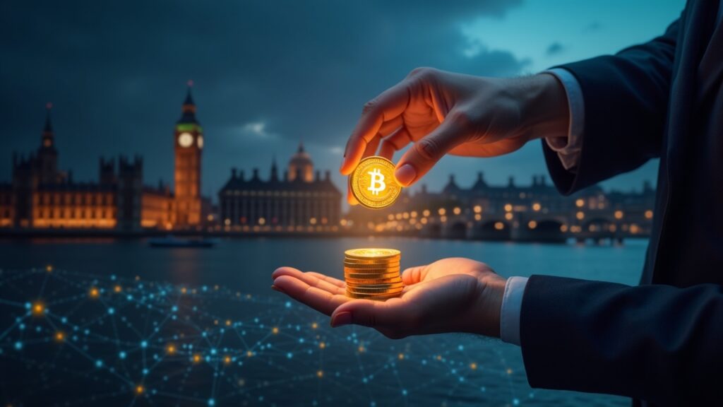 Fotorealista inversor cripto transfiere pila de monedas a pancarta de Reform UK, con el horizonte del Parlamento y una rejilla de blockchain.