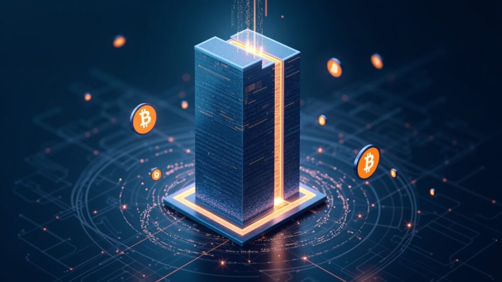 Torre bancaria fotorrealista fusionándose con una luminosa red blockchain, operadores institucionales en escritorios, tokens BTC y ETH orbitando