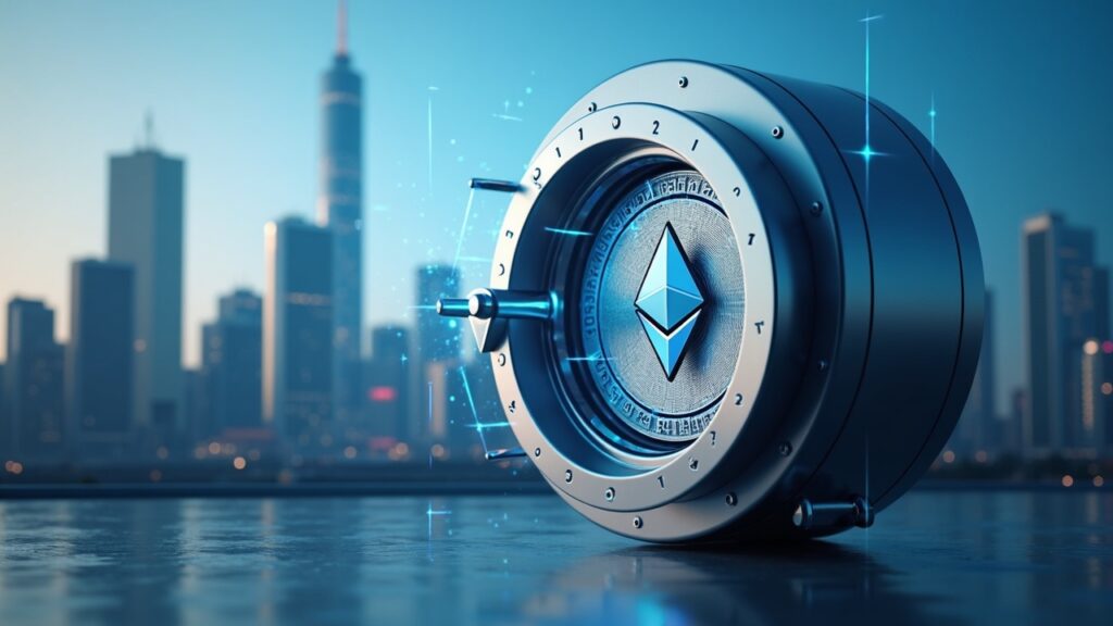 Horizonte urbano moderno con una bóveda transparente que se abre hacia monedas Ether que forman un tesoro criptográfico corporativo en Korea.