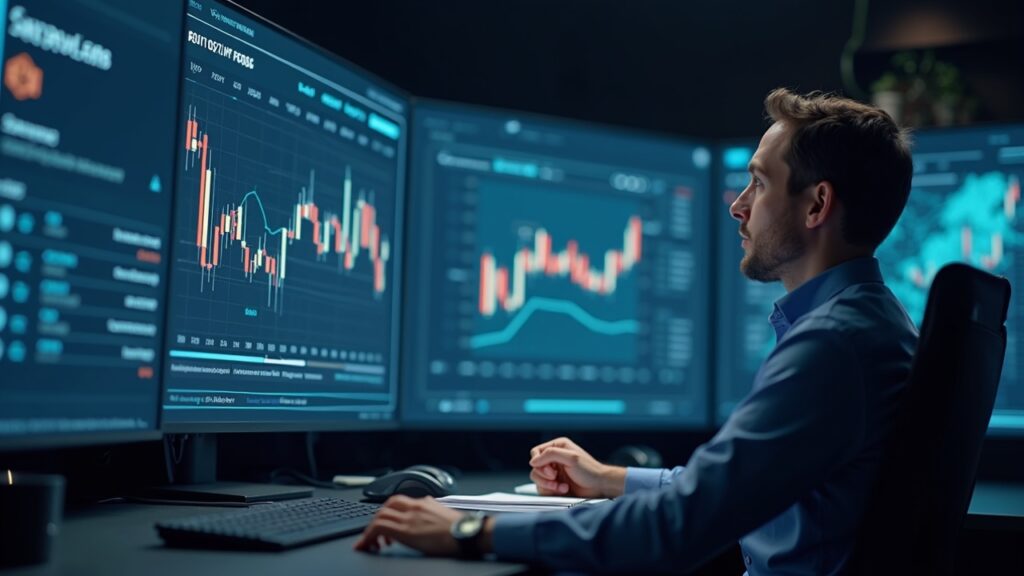 Sala de redacción fotorrealista con un analista cripto junto a un diagrama de token dividido y pantallas de Polymarket que destacan el vesting de LIT