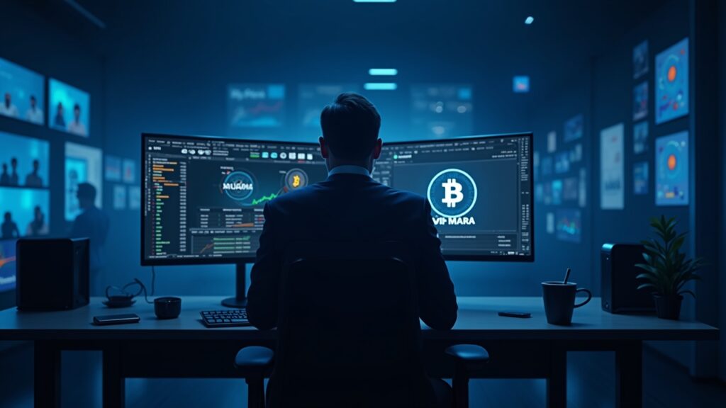 Analista fotorrealista en un escritorio con doble pantalla que muestra la deuda de MARA frente a bitcoin, el logo de MARA y equipos de minería en una sala de noticias azul.
