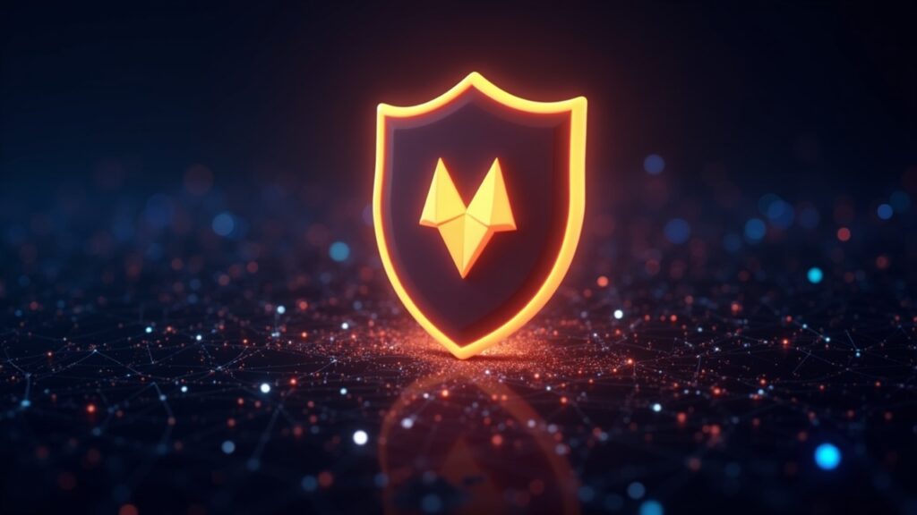 Icono fotorrealista de cartera MetaMask dentro de un escudo brillante sobre una red blockchain detallada, señalando protección en cadena.