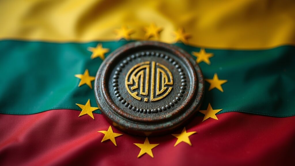 Montaje fotorrealista: un sello de cumplimiento de MiCA sella un logotipo de intercambio cripto sobre la bandera de Lituania, señalando la aplicación.