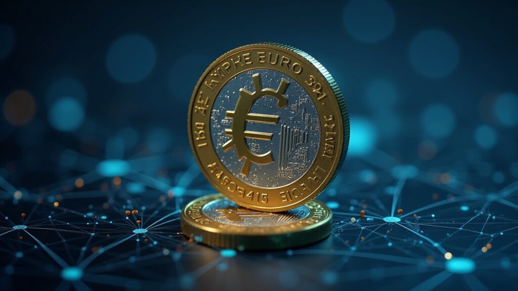 MiCA decidirá el destino de las stablecoins vinculadas al euro para 2026, advierte DECTA Moneda euro futurista atada a un escudo digital bajo una fecha límite MiCA 2026, con balanzas, gráficos e inversores ansiosos.