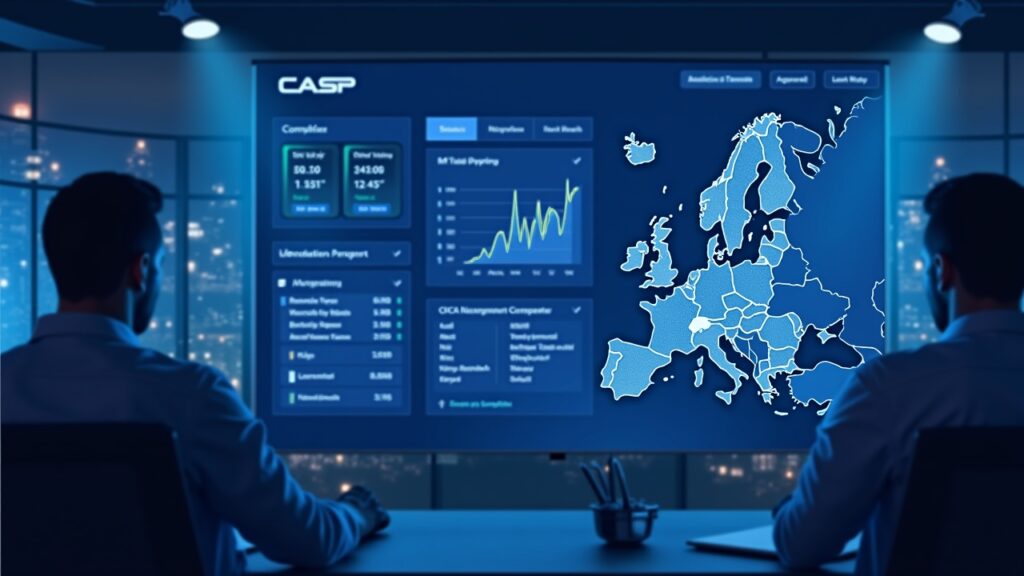 España establece fecha límite en 2025 para cumplimiento estricto del marco cripto MiCA Sala de redacción futurista con un panel de control de CASP, logotipo de la CNMV y mapa de la UE marcando el pasaporte de MiCA