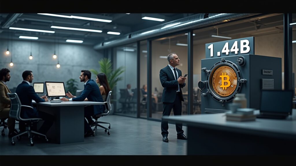 Escena fotorrealista de sala de redacción: Michael Saylor y su equipo junto a una bóveda de Bitcoin y una etiqueta de reserva en efectivo de 1.44B.