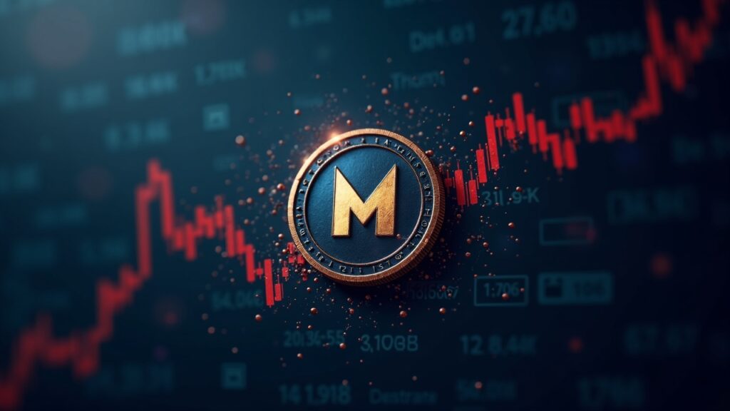Primer plano del ícono del token MONAD disolviéndose en código blockchain en cascada, junto a una línea roja que indica la caída del precio y la silueta de una ballena.