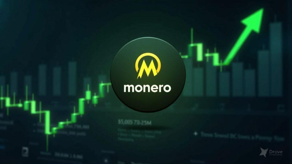 Logotipo fotorrealista de Monero en el centro con una gráfica cripto ascendente y llamativas flechas verdes en un elegante fondo de sala de redacción.