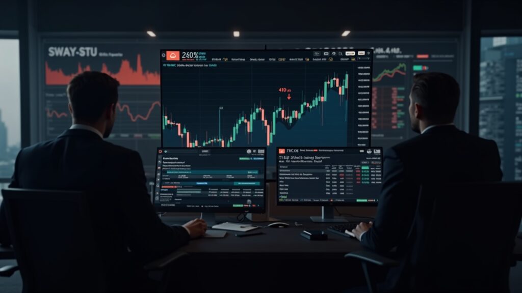 Sala de redacción fotorrealista con traders de criptomonedas, la pantalla muestra a Zcash por debajo de la EMA de 50 días y un objetivo de 410 con flechas rojas.