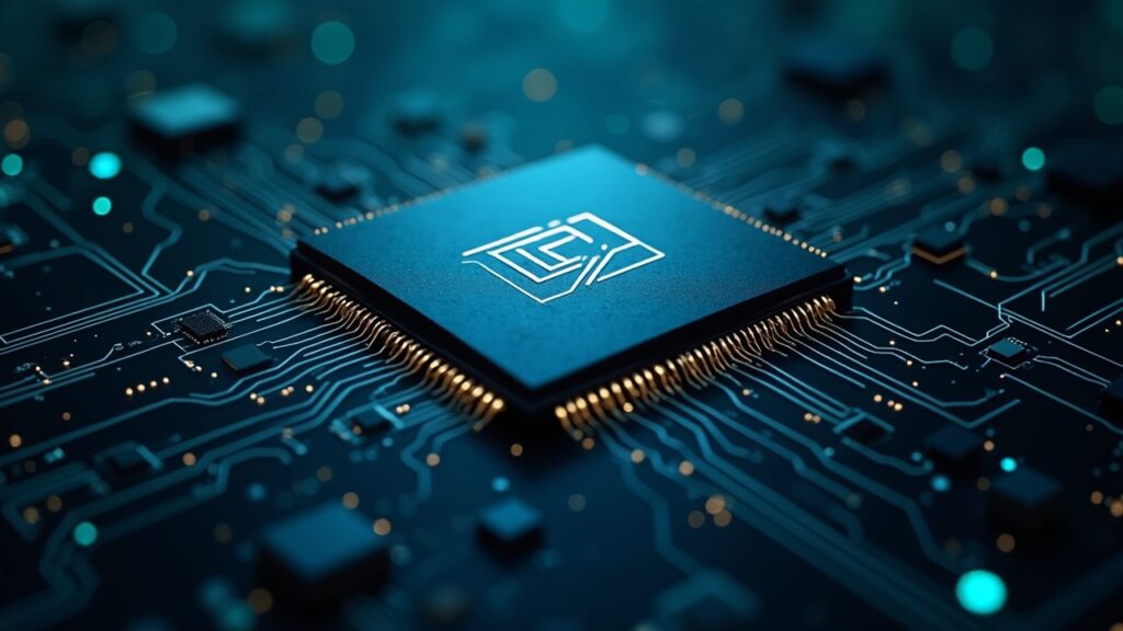 Chip de IA fotorrealista que simboliza el acuerdo Nvidia‑Groq, rodeado de nodos de IA descentralizada y circuitos criptográficos