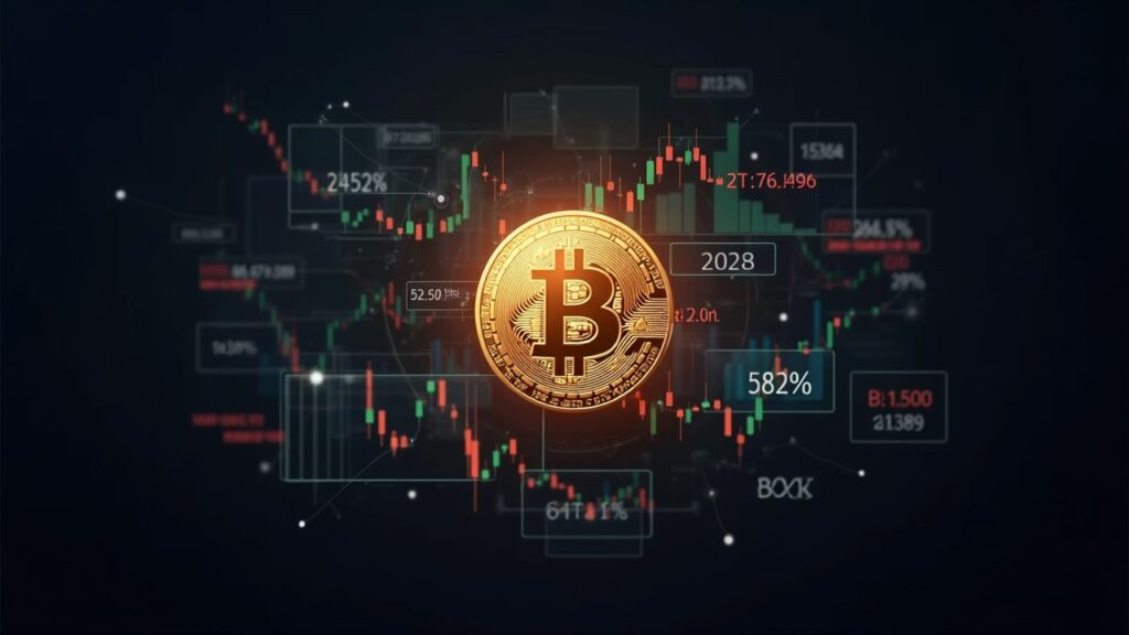 Icono fotorrealista de Pi Coin centrado con paneles de datos superpuestos que muestran interés abierto, volatilidad y caída del precio
