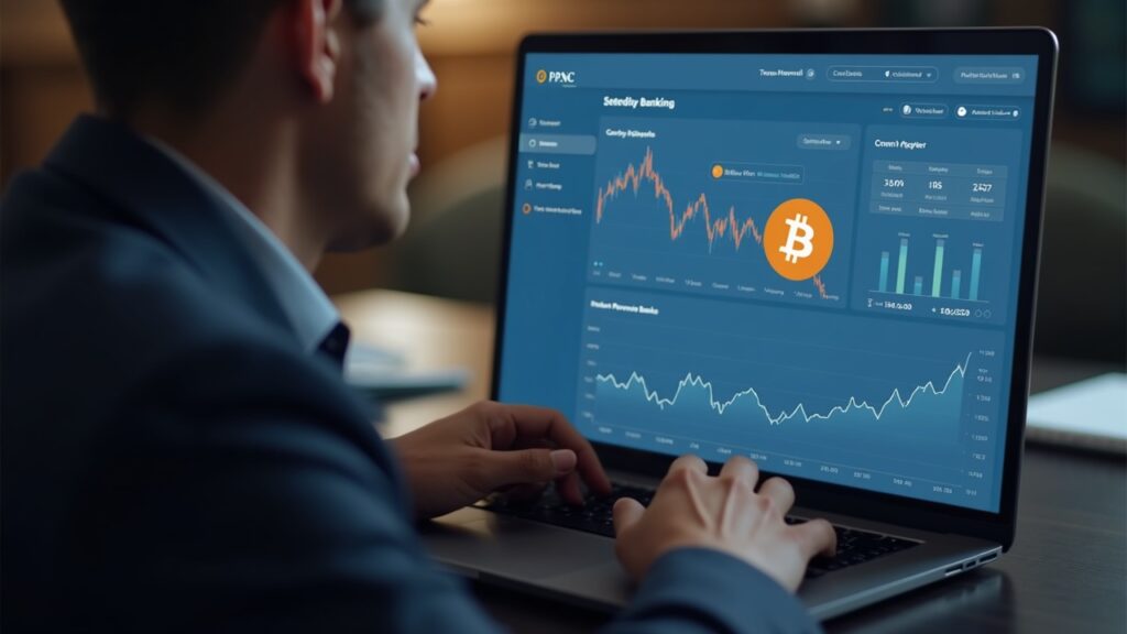 Panel bancario privado fotorrealista que muestra operaciones de Bitcoin a través de Coinbase CaaS con la marca PNC.