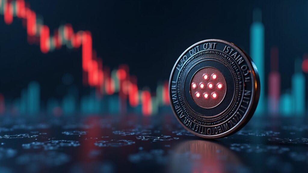 El DOT de Polkadot cae y rinde por debajo del mercado cripto a finales de diciembre de 2025 Token DOT de Polkadot fotorrealista en primer plano con una tendencia bajista que se desvanece y barras de liquidez delgadas bajo una iluminación fría de sala de redacción.