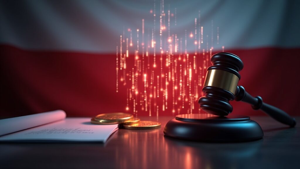 Bandera de Polonia fotorrealista detrás de una blockchain luminosa, con un mazo y documentos legales que señalan un choque por la regulación de criptomonedas.