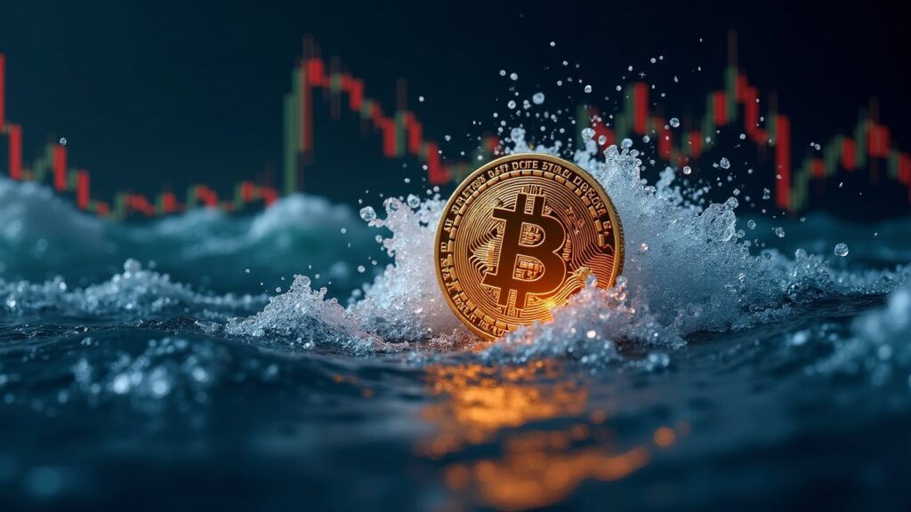 Bitcoin se dispara a través de una ola digital de liquidez bajo el resplandor de la Fed, con Velocity RSI y las bandas de Bollinger flotando en una escena cripto al estilo de una sala de redacción.