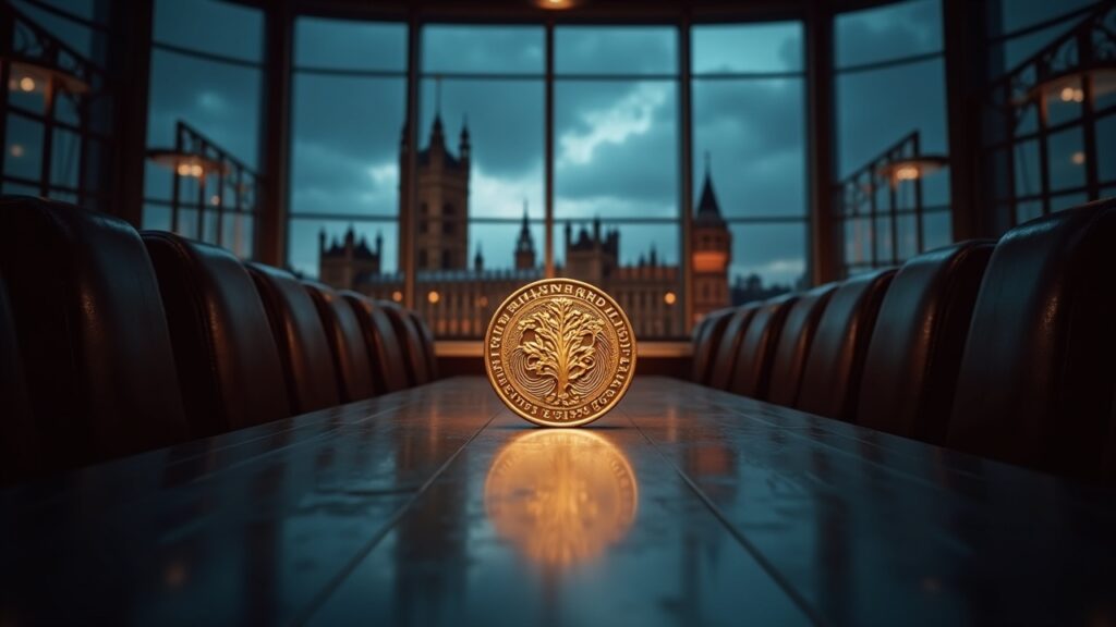 Filecoin cae 7% y perfora el soporte clave de los $1,43 Reeves frente a un sello resplandeciente del Bank of England junto a un icono de moneda estable en una moderna cámara del UK Parliament.