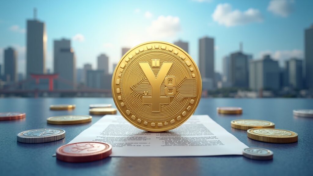 Encabezado fotorrealista con un símbolo central de stablecoin en yenes, el horizonte de Tokio, sellos bancarios y documentos regulatorios que señalan el lanzamiento en 2026.