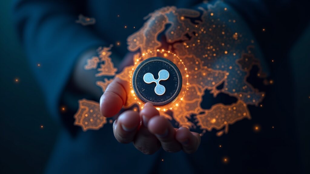 Primer plano de un token AMINA brillante con el logo de Ripple sobre un mapa de Europa y canales de pago digitales