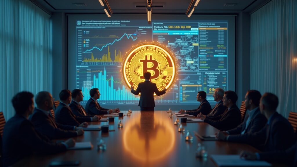 Strategy rechaza la propuesta de MSCI de excluir a empresas con 50% o más en activos digitales Escena de sala de juntas con un estratega presentando análisis de Bitcoin mientras un alto escudo de la regla del 50% de MSCI se cierne sobre la clasificación de activos.