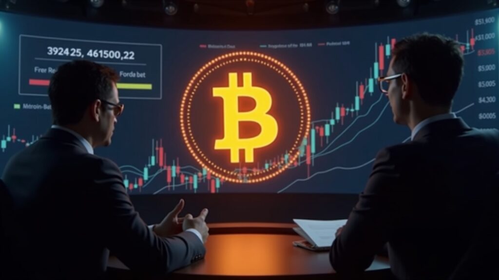 Varias empresas que compraron Bitcoin empiezan a vender Sala de prensa realista con un holograma de Bitcoin resplandeciente, un gráfico en tendencia descendente y ejecutivos concentrados que señalan presión de venta.