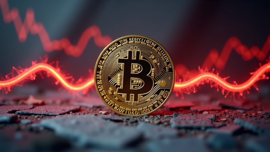 Los ETFs de Bitcoin pierden 446 millones de dólares mientras XRP capta inversión Bitcoin fotorrealista en el centro, flechas rojas que indican salidas de Ethereum, documentos regulatorios que señalan un sentimiento frágil en el mercado cripto.