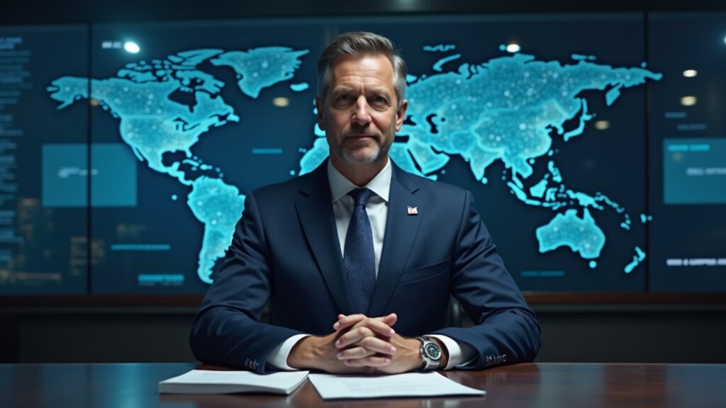 Retrato realista en una sala de redacción del presidente de la SEC en un escritorio con gráficos holográficos de blockchain y un audaz plan 2026 de Project Crypto.