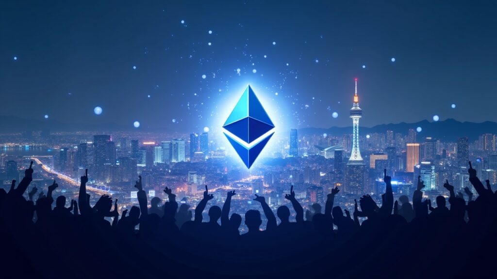 Horizonte futurista de Seoul con el logotipo de BitMine y el emblema de Ethereum, una multitud de inversores minoristas y gráficos criptográficos en ascenso.