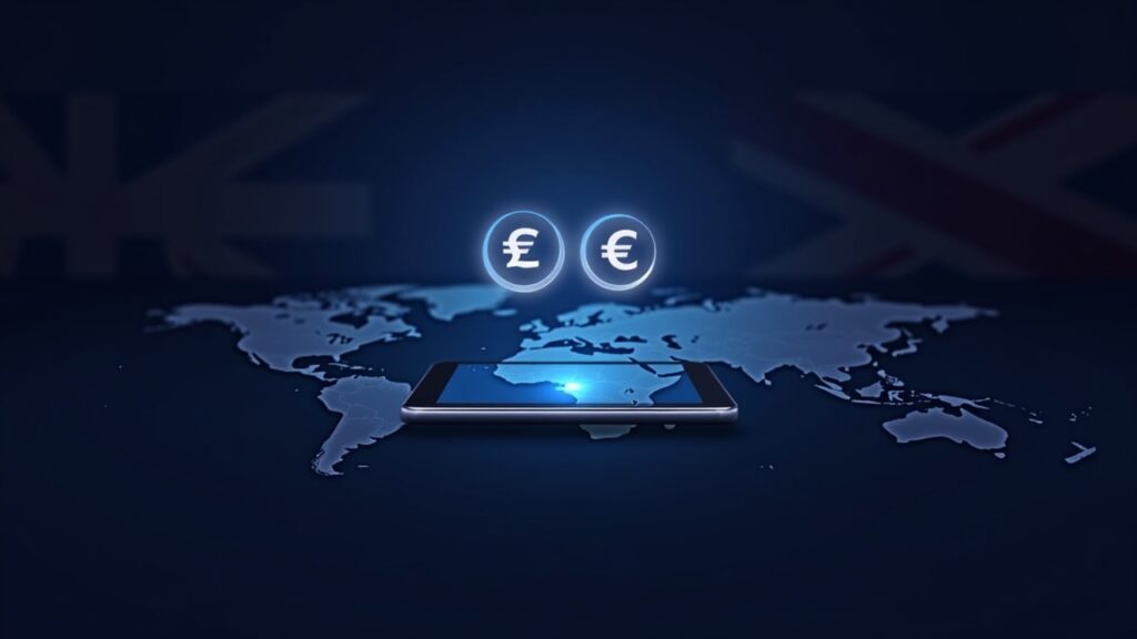 Cabecera de fintech con tablet mostrando iconos de USDP y EURC, brillo de Solana, acentos de bandera del Reino Unido y un mapa de remesas global.