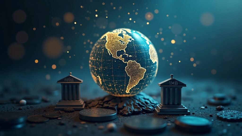 Globo fotorrealista de una stablecoin digital con la silueta del FMI, una bóveda bancaria agrietada y unas balanzas regulatorias en ascenso.