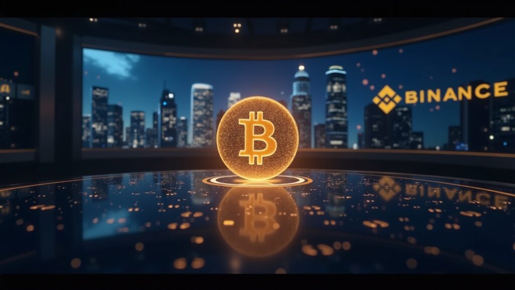 Redacción realista con un orbe brillante de moneda estable y flujos de liquidación en cadena sobre un fondo de Binance Blockchain Week.